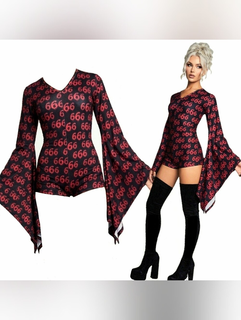 Too fast red black 666 graphic hellz bellz extreme bell sleeve romper XL NWT